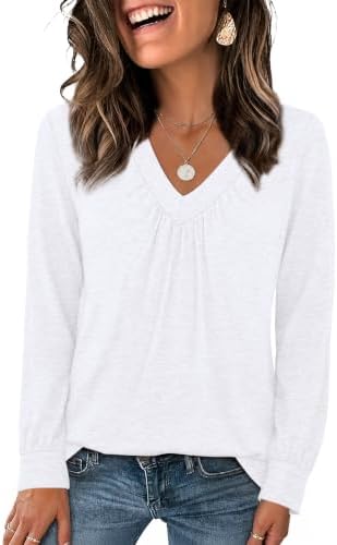 Long Sleeve Tops for Women Trendy Winter Ruched V Neck Shirts in 04-white