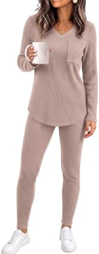 Lounge Sets for Women 2 Piece Fall Pajamas Long Sleeve Outfits in 03-rosy Brown