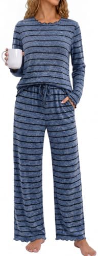 Lounge Sets for Women Cute Cozy Fall Fashion Pajamas Flannel in Stripe Blue
