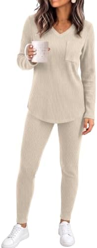 Lounge Sets for Women Fall Pajamas 2 Piece Fashion Clothing Cozy in 02-beige