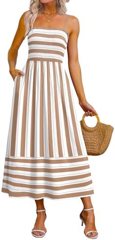 Maxi Dress Spaghetti Strap Business Casual Spring Sundresses in Khaki Striped