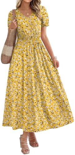 Maxi Dresses for Women V Neck Ladies Midi Long Dress A Line in Yellow Floral