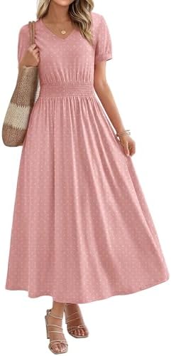 Maxi Dresses for Women V Neck Ladies Midi Long Dress A Line in Pink Polka Dot