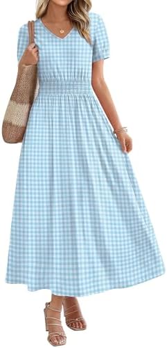 Maxi Dresses for Women V Neck Ladies Midi Long Dress A Line in Blue Gingham