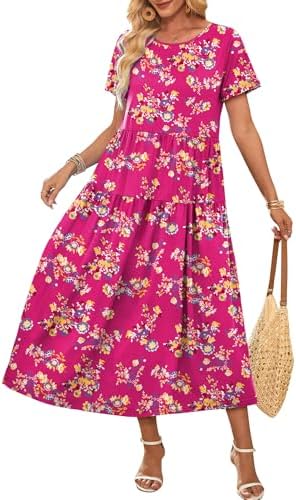 Maxi Dresses Wedding Guest Dress Short Sleeve Dress for Women in Floral Pink