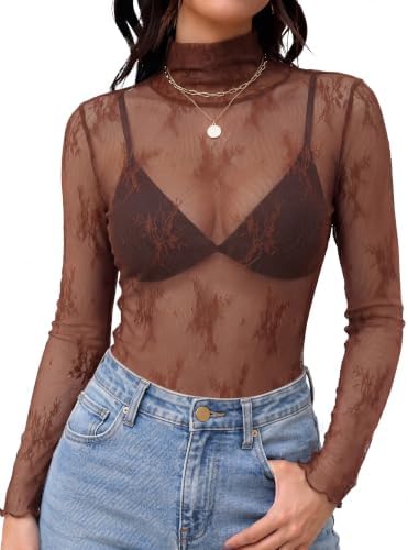 Mesh Long Sleeve Tops for Women Sheer Undershirt Country in C-brown Floral