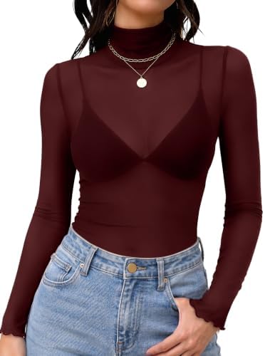 Mesh Long Sleeve Tops for Women Sheer Undershirt Going Out Slim in C-burgundy