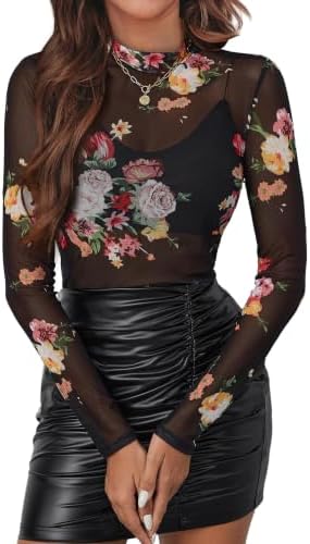 Mesh Tops for Women Floral Printed Sexy See Through Blouses in Multi-flower