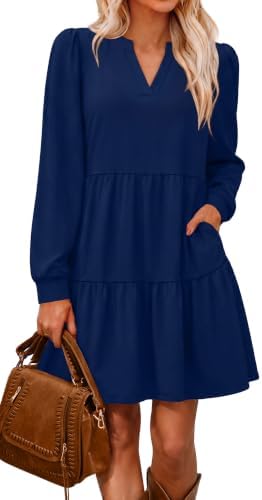 Navy Blue Dresses for Women 2026 Long Sleeve Tiered Dresses in Navy Blue