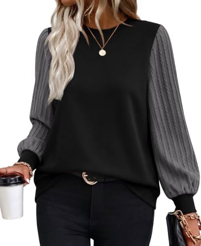 Oversized Sweatshirt For Women Cable Knit Sleeve Fall Top Black