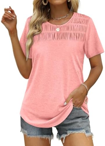 Oversized Tshirts for Women Short Sleeve Crewneck Smocked Top