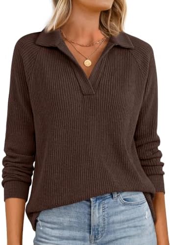 Oversized Tshirts for Women Sweatshirt V Neck Fall Clothes Polo in Brown