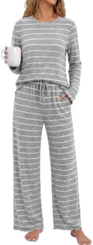 Pajamas for Women Set Flannel Shirt Long Sleeve Lounge Sets in Stripe Gray