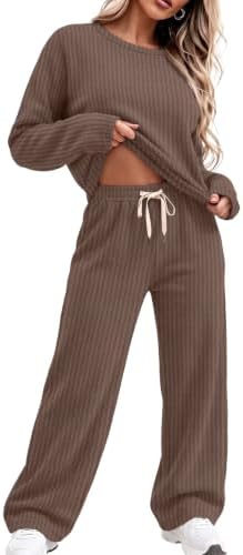 Pajamas for Women Set Waffle Knit Long Sleeve Lounge Set in Coffee