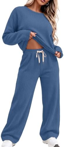 Pajamas for Women Set Waffle Knit Long Sleeve Lounge Set in Blue