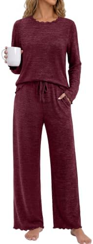 Pj Sets for Woman for Women Cozy Fall Fashion Clothing Travel in Wine Red