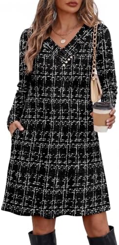 Plaid Dress Black and White Dress Long Sleeve Sweater Dresses in Black Plaid