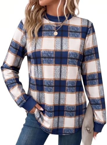 Plaid Shirts for Women Mock Neck Sweatshirt Long Sleeve Tunic in Blue Plaid