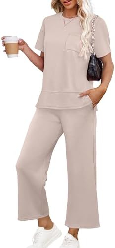 Plus Size 2 Piece Set for Women Casual Summer Short Sleeve in Apricot