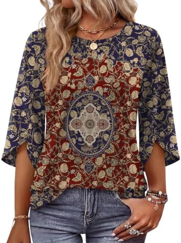 Plus Size Boho Tops Blouses for Women Dressy Casual Tunic 3/4 in Red Print