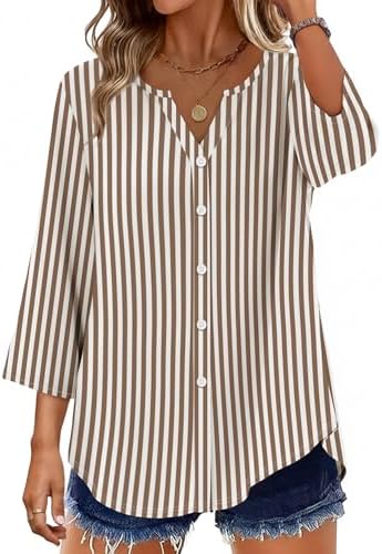 Plus Size Clothes for Women Shirts Summer Tops 2026 Dressy 3/4 in B-brown Striped