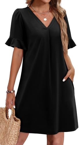 Plus Size Dresses for Curvy Women Summer Short Sleeve V Neck in 01-black