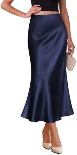 Plus Size Fall Clothes Satin A Line Midi Skirt Navy XL in Navy