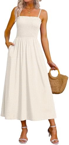 Plus Size Maxi Dress Spaghetti Strap Spring Sundresses for in Khaki Gingham