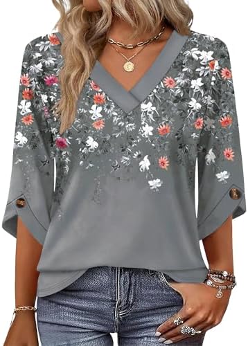 Plus Size Tops for Women Blouses Dressy Casual 3/4 Length in Z Grey Flowers