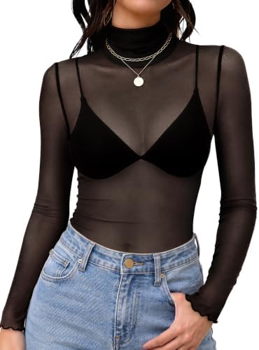 Plus Size Tops for Women Mesh Long Sleeve Tops for Women Sheer in B-black