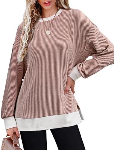 Plus Size Tops for Women Ribbed Long Sleeve Top Loose Fit in Brown