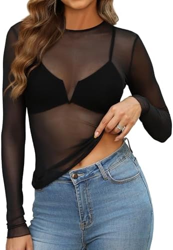 Plus Size Tops for Women Sexy Black Lace Long Sleeve Tops in A Black