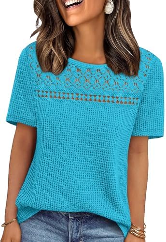 Plus Size Tops for Women Spring Summer Shirts Short Sleeve in Cyan