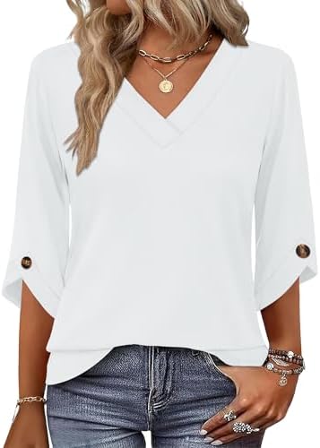 Plus Size Tops for Women T Shirts 3/4 Length Sleeve Womens Tops in White