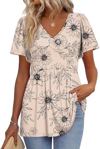 Plus Size V Neck Tops for Women Women Tops Dressy Casual Summer in P-floral Beige