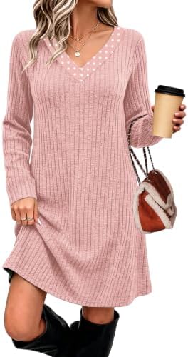 Polka Dot Dress Long Sleeve Date Night Mini Dresses Winter Pink