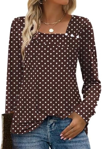 Polka Dot Top Long Sleeve Shirts for Women Fall Outfits Brown in Brown Polka Dots