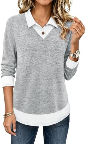 Polo Shirts for Women Work Blouses Cozy Sweaters Professional in Grey White