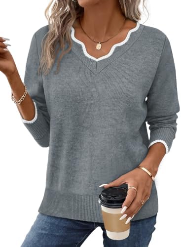 Pullover Sweaters for Women V Neck Cozy Fall Sweaters for Women in Grey