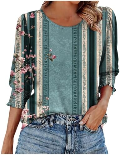 Quarter Sleeve Tops for Women Casual Crew Neck Floral Print