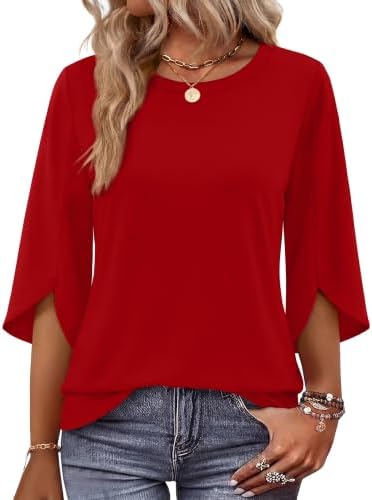 Red Blouses for Women Dressy Casual Fall Tops 3/4 Length Sleeve in Red