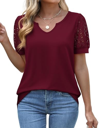 Red Shirt Womens Business Casual Blouses Lace Short Sleeve Tops