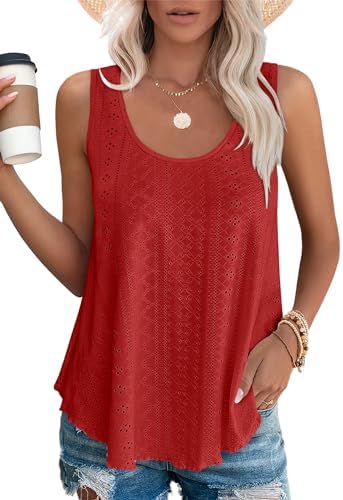 Red Tank Tops for Women Eyelet Embroidery Going Out Tops for in G-red