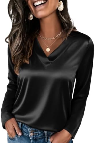 Satin Blouses for Women Long Sleeve Silk Shirts Black S in Black