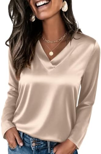 Satin Blouses for Women Long Sleeve Silk Shirts Khaki M in Khaki