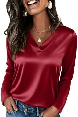 Satin Blouses for Women Long Sleeve Silk Shirts Red L in Red