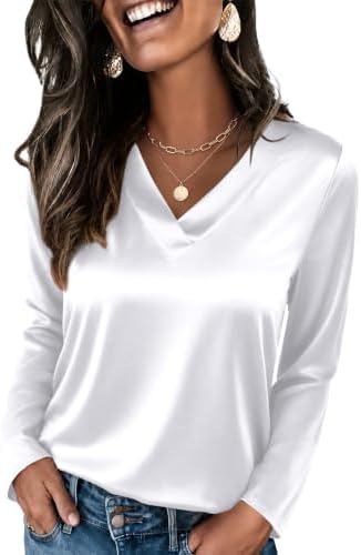 Satin Blouses for Women Long Sleeve Silk Shirts White 2XL in White