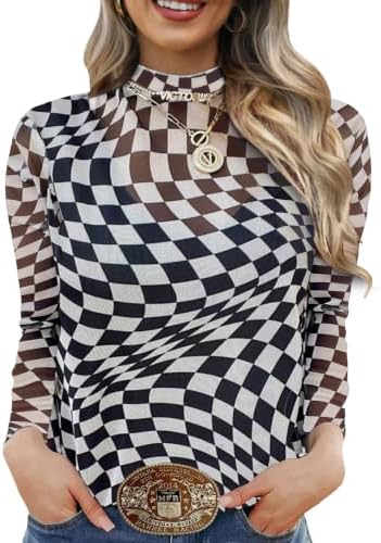 See Through Tops for Women Cute Mock Neck Shirts Clubwear in Checkered