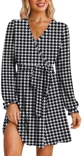 Semi Formal Dresses for Women Long Sleeve Wrap Dress Black in F-black Plaid