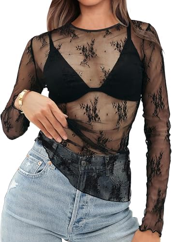 Sexy Tops for Women Black Lace Long Sleeve Tops Trendy Summer in Black Leaf